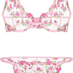 Sexy Floral Embroidered Mesh Sheer Underwire Lingerie Set